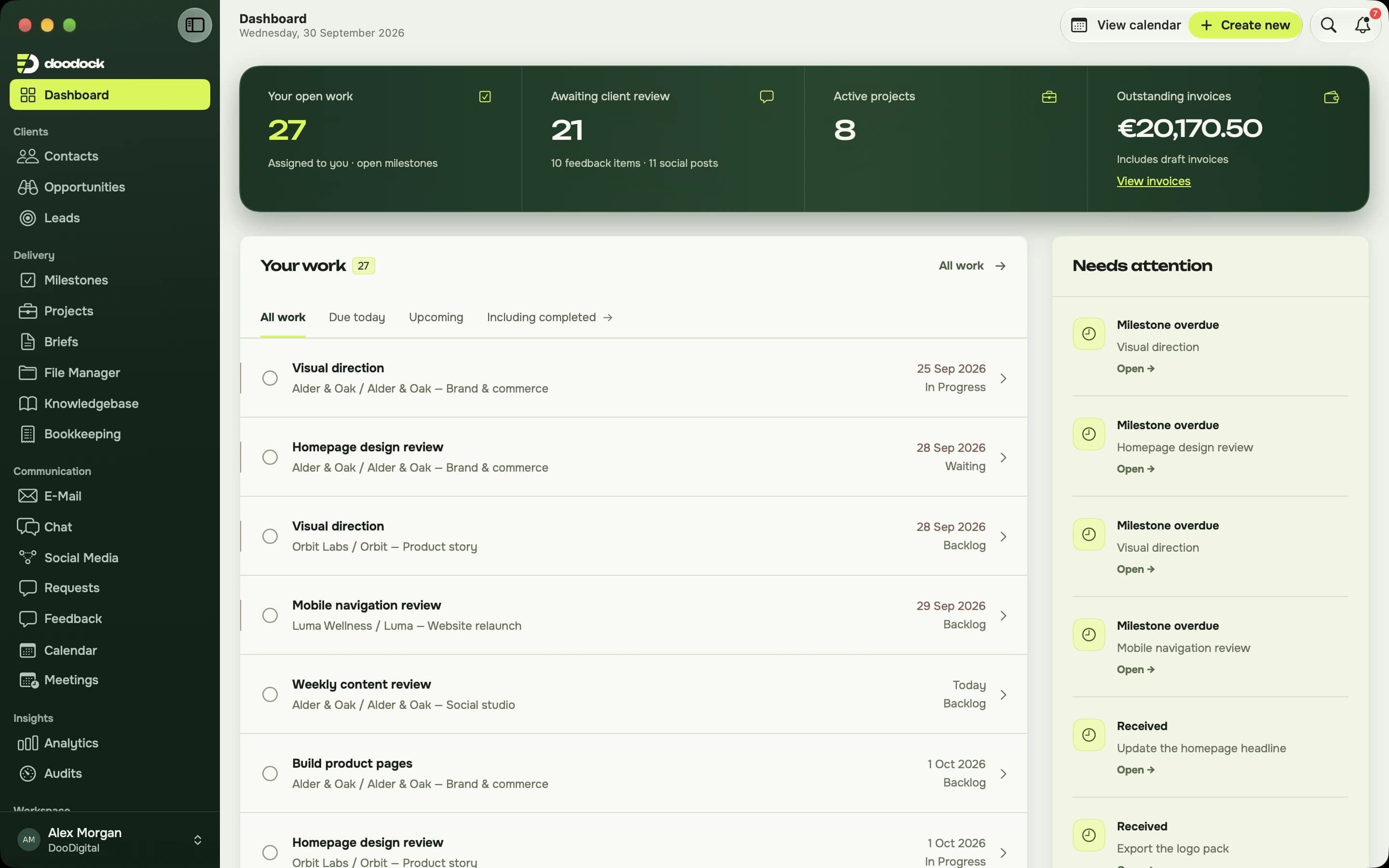 DooDock for Mac dashboard showing client work, projects, reviews and outstanding invoices